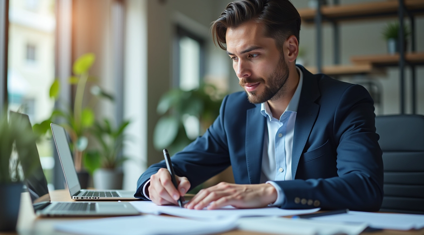 Accountant in professional blazer reviewing T1 tax documents at desk