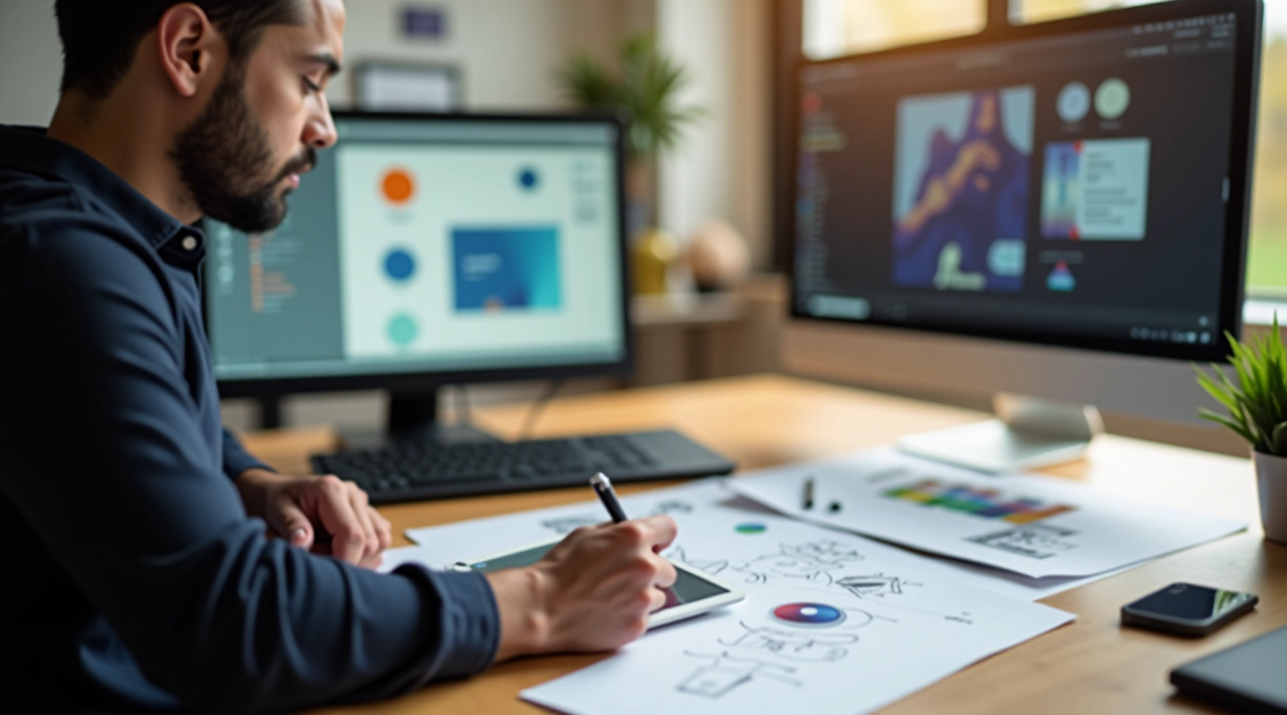Designer working at wooden desk with Figma open, organizing component library