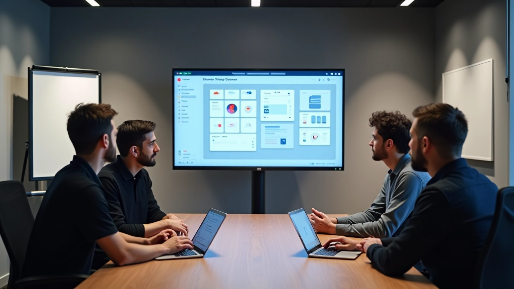 Modern office conference room with team collaborating on design system strategy