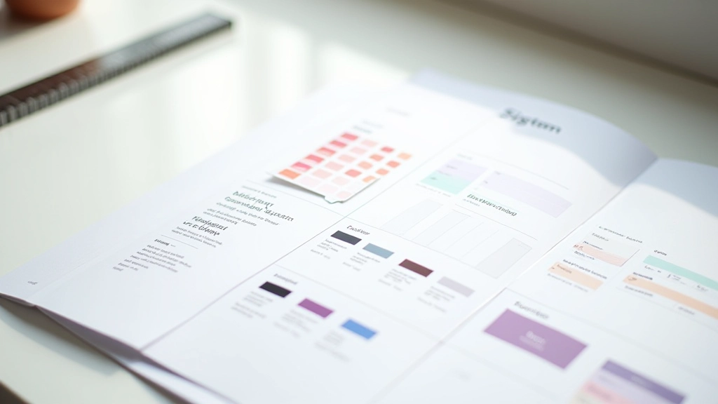 Printed design system documentation showing color tokens and typography scales