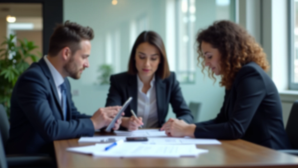 Three accounting professionals collaborating on business strategy in modern office